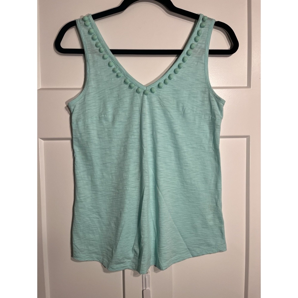 Lilly Pulitzer Florin Tank Top Womens XS Mint Green Pom Pom V-Neck Pima Cotton